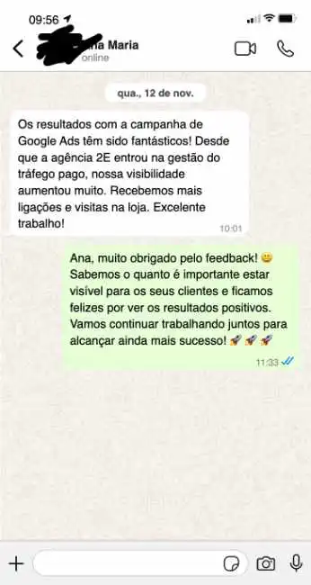 Depoimento de Ana Maria sobre os resultados com o Pacote de Serviços Google Ads Pro de tráfego pago da Agência 2e