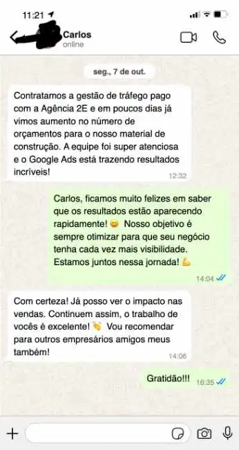 Depoimento de Carlos sobre os resultados com o Pacote de Serviços Google Ads Pro de tráfego pago da Agência 2e