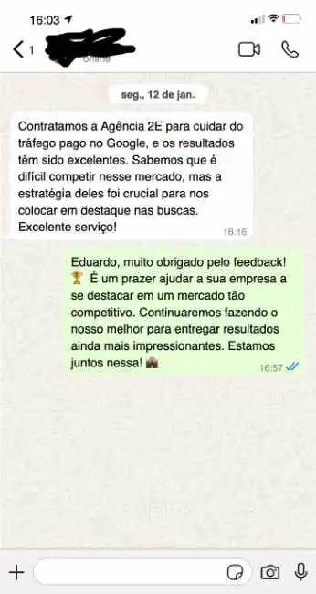Depoimento de Eduardo sobre os resultados com o Pacote de Serviços Google Ads Pro de tráfego pago da Agência 2e