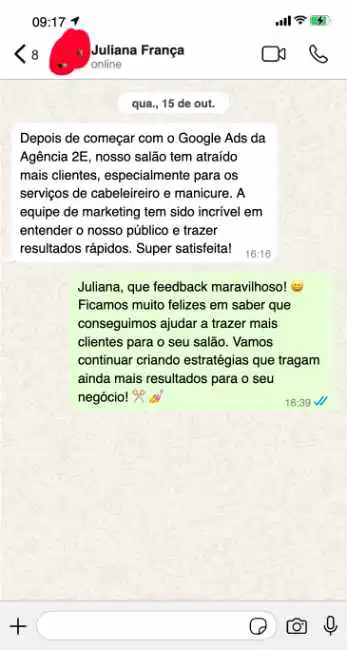 Depoimento de Juliana sobre os resultados com o Pacote de Serviços Google Ads Pro de tráfego pago da Agência 2e