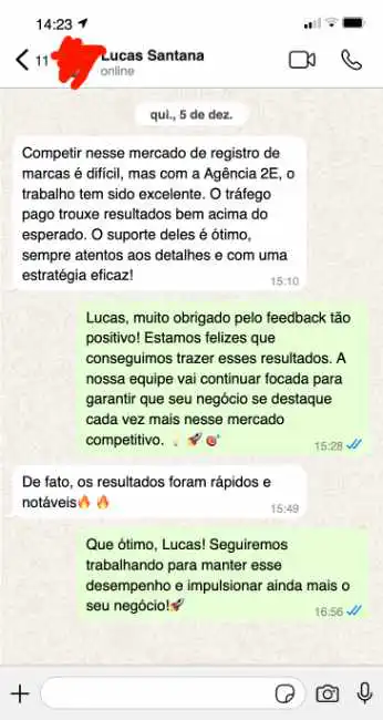 Depoimento de Lucasa sobre os resultados com o Pacote de Serviços Google Ads Pro de tráfego pago da Agência 2e